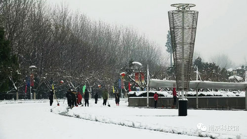 雪中的南京科技馆，雪中的你们