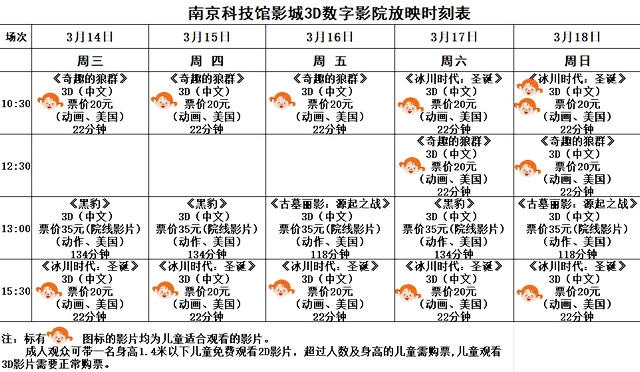 3D数字影院放映时刻表（2018.3.14—3.18）