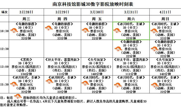 3D数字影院放映时刻表（2018.3.28—4.1）