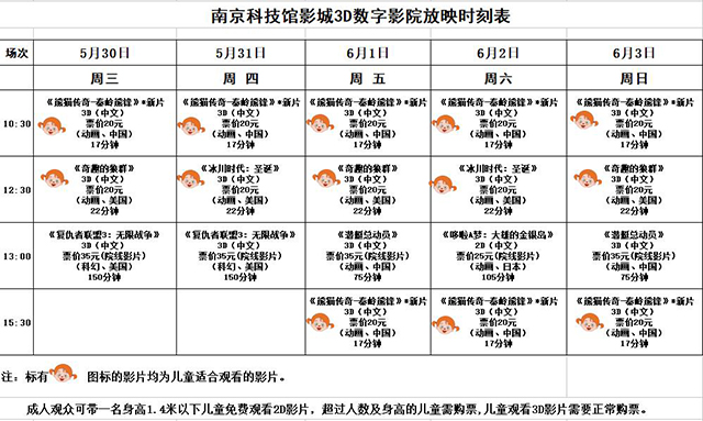 3D数字影院放映时刻表（2018.5.30—6.3）