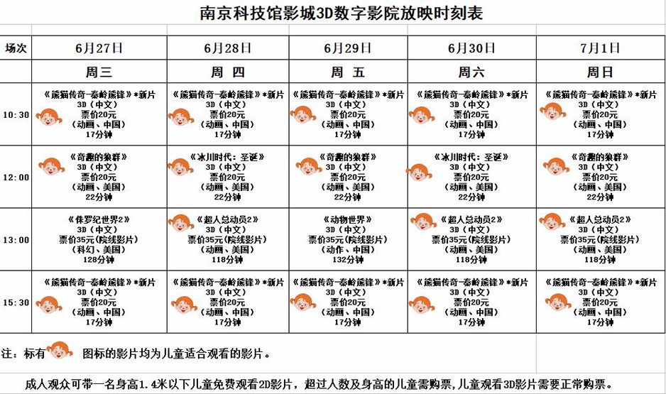 3D数字影院放映时刻表（2018.6.27—7.1）