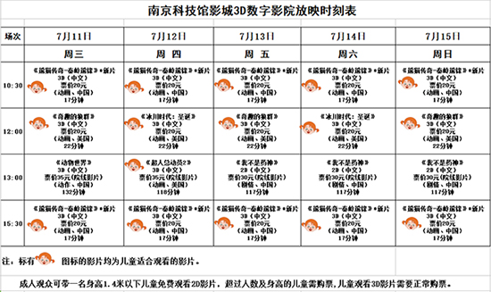3D数字影院放映时刻表（2018.7.11—7.15）