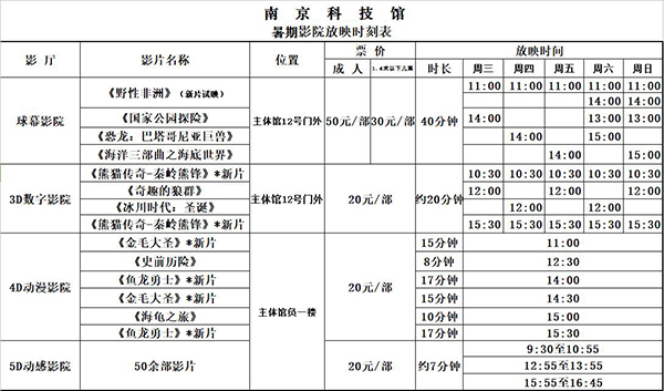 南京科技馆暑期影院放映时刻表