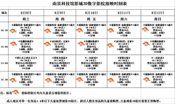 3D数字影院放映时刻表（2018.8.8—8.12）