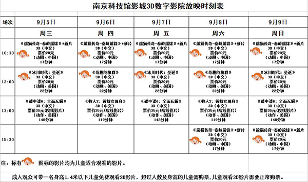 3D数字影院放映时刻表（2018.9.5—9.9）
