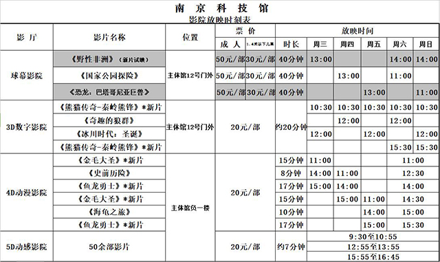 2018年南京科技馆影院日常放映时刻表