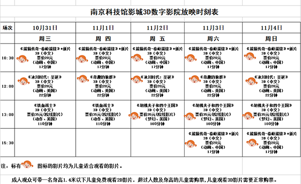 3D数字影院放映时刻表（2018.10. 31—11.4）
