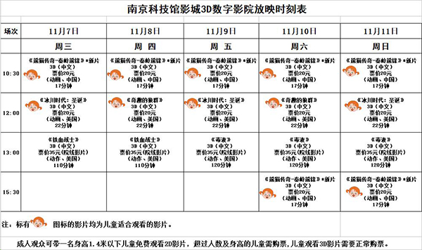 3D数字影院放映时刻表（2018.11. 7—11.11）