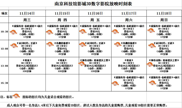 3D数字影院放映时刻表（2018.11. 14—11.18）