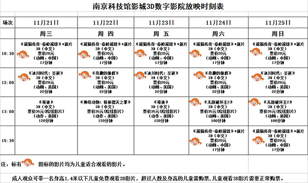 3D数字影院放映时刻表（2018.11. 21—11.25）