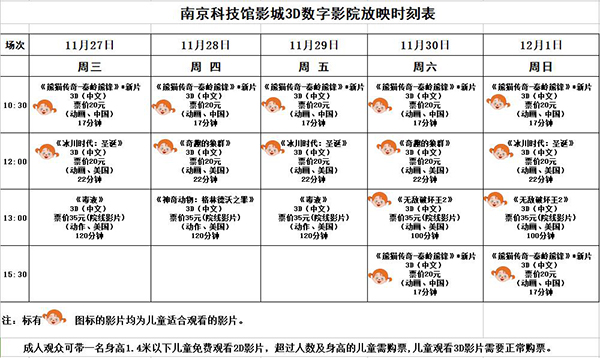 3D数字影院放映时刻表（2018.11. 27—12.1）