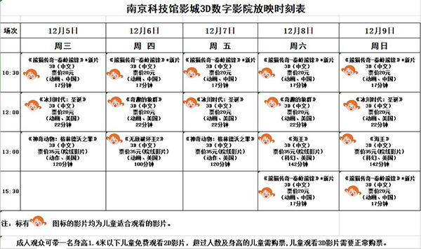 3D数字影院放映时刻表（2018.12. 5—12. 9）