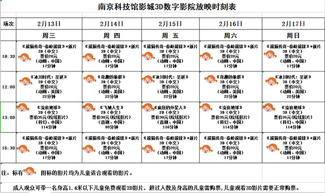 3D数字影院放映时刻表（2019.2. 13—2.17）