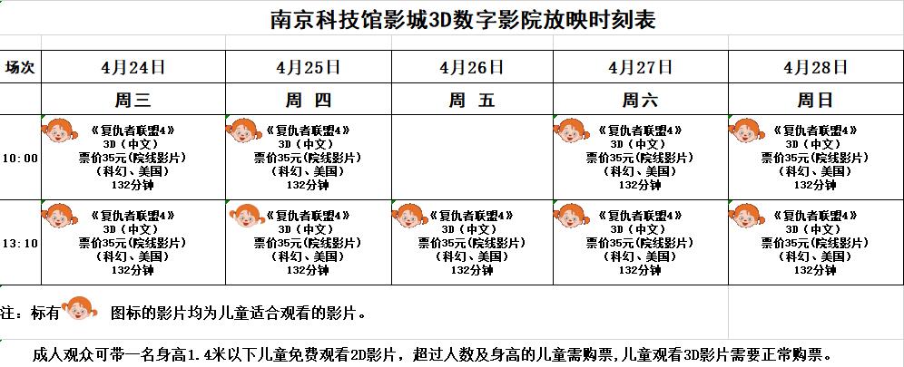 3D数字影院放映时刻表（2019.4. 24—4.28）