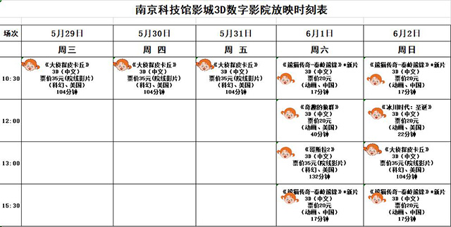 3D数字影院放映时刻表（2019.5.29—6.2）