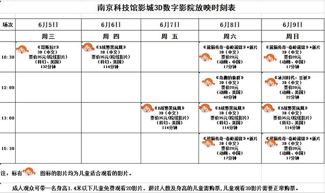 3D数字影院放映时刻表（2019.6.5—6.9）
