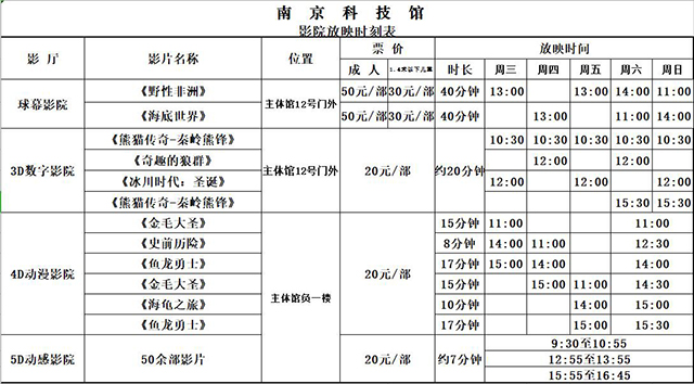 南京科技馆影院日常放映表