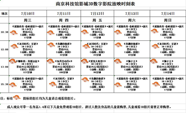 南京科技馆3D数字影院放映时刻表（7.10—7.14）