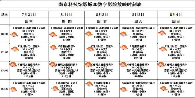 南京科技馆3D数字影院放映时刻表（7.31—8.4）