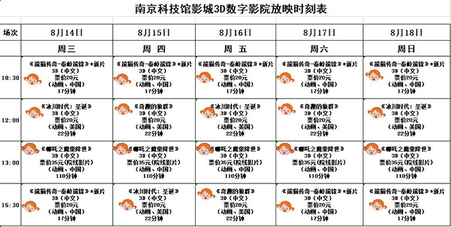 南京科技馆3D数字影院放映时刻表（8.14-8.18）
