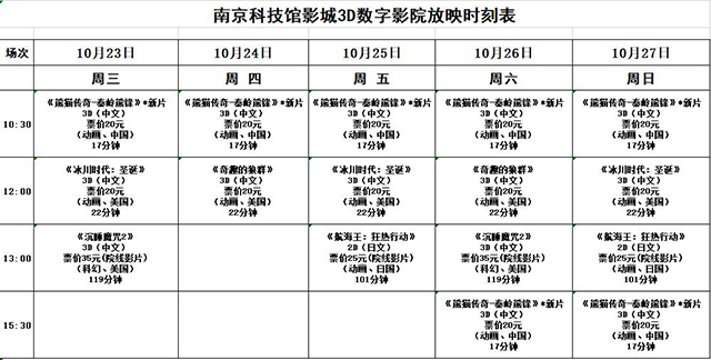 南京科技馆3D数字影院放映时刻表（10.23—10.27）