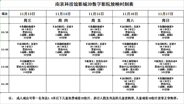 南京科技馆3D数字影院放映时刻表（11.13—11.17）