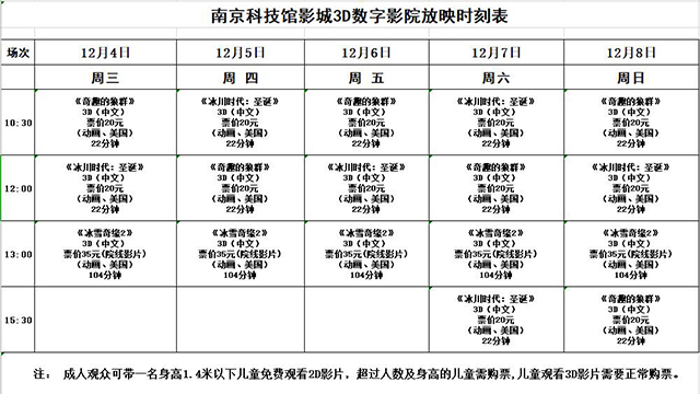 南京科技馆3D数字影院放映时刻表（12.4—12.8）