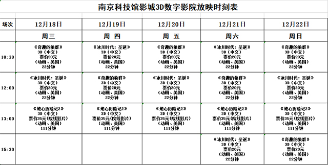 南京科技馆3D数字影院放映时刻表（12.18-12.22）