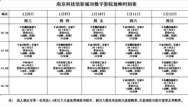 南京科技馆3D数字影院放映时刻表（1.8-1.12）