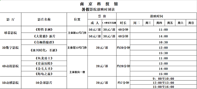 南京科技馆暑假影院放映时刻表