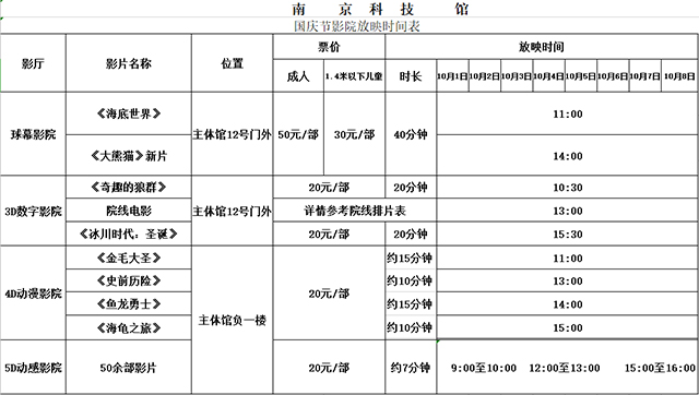 南京科技馆2020年国庆期间影院放映时刻表