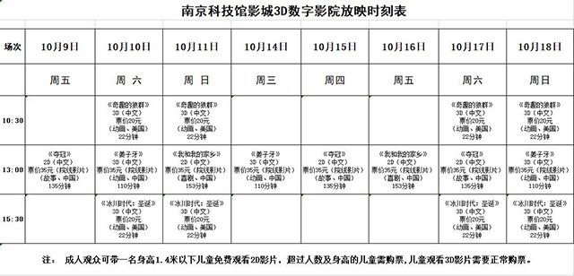 南京科技馆3D数字影院放映时刻表（10.9—10.18）