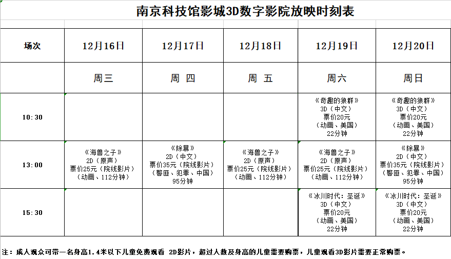 南京科技馆3D数字影院放映时刻表（12.16—12.20）