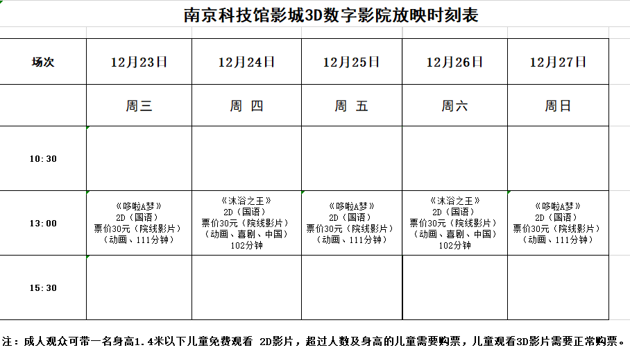 南京科技馆3D数字影院放映时刻表（12.23—12.27）