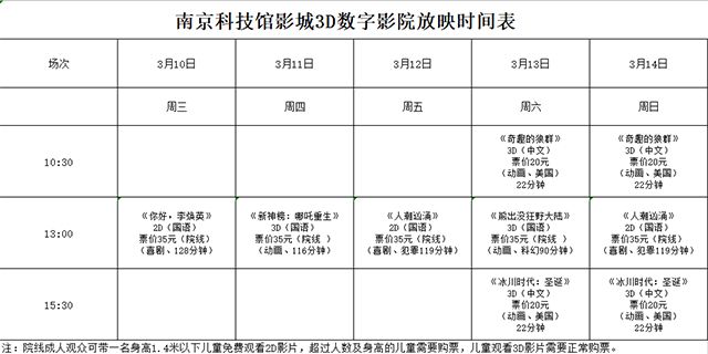 南京科技馆3D数字影院放映时刻表（3.10—3.14）