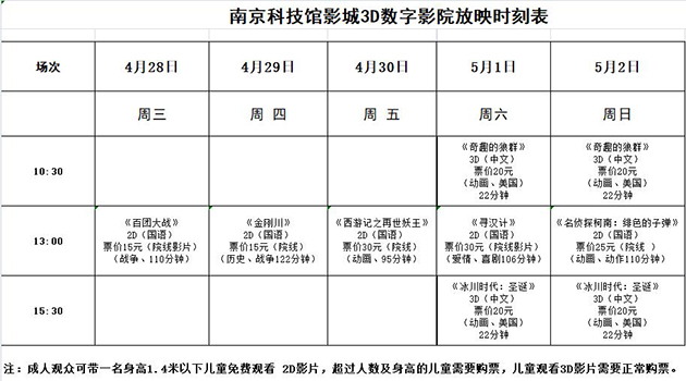 南京科技馆3D数字影院放映时刻表（4.28—5.2）