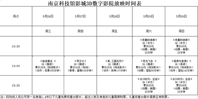南京科技馆3D数字影院放映时刻表（5.26—5.30）