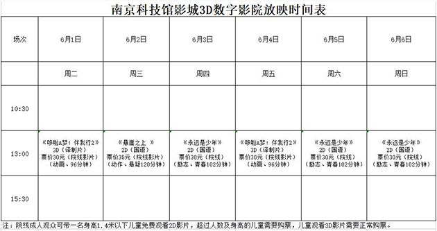 南京科技馆3D数字影院放映时刻表（6.1—6.6）