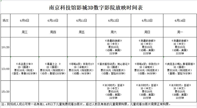 南京科技馆3D数字影院放映时刻表（6.9—6.14）