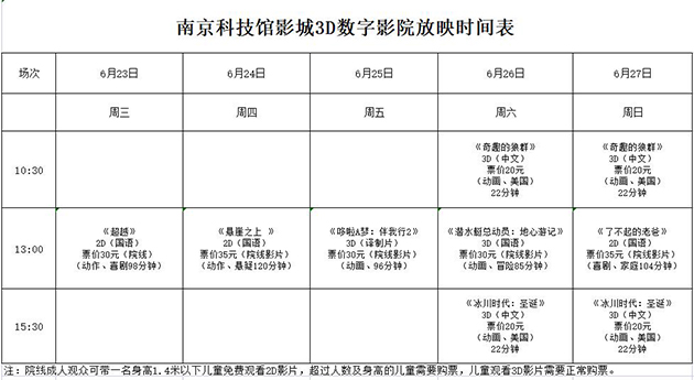 南京科技馆3D数字影院放映时刻表（6.23—6.27）