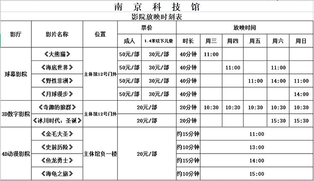 南京科技馆暑期球幕影院放映时刻表
