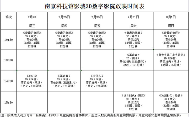 南京科技馆3D数字影院放映时刻表（7.28—8.1）