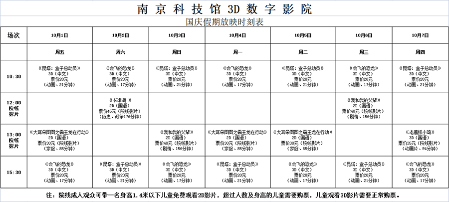 南京科技馆3D数字影院放映时刻表（10.1—10.7）