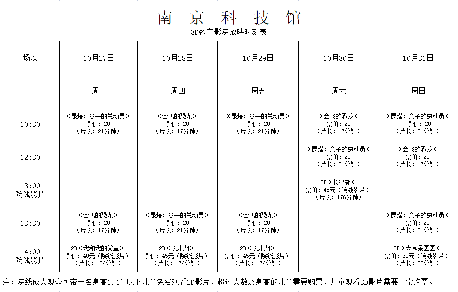 南京科技馆3D数字影院放映时刻表（10.27—10.31）