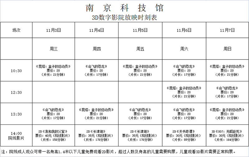 南京科技馆3D数字影院放映时刻表（11.3—11.7）