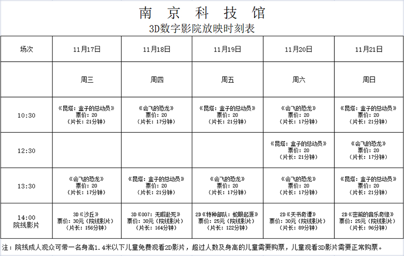 南京科技馆3D数字影院放映时刻表（11.17—11.21）