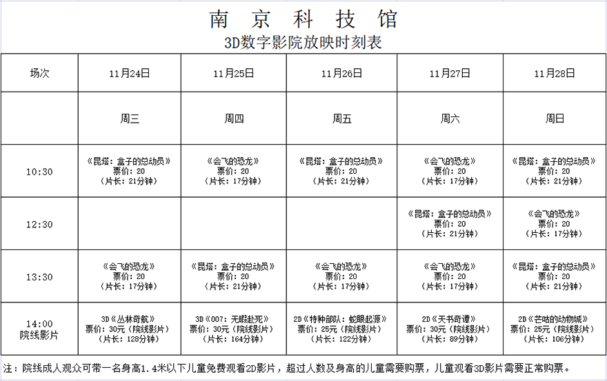 南京科技馆3D数字影院放映时刻表（11.24—11.28）