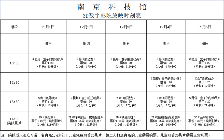 南京科技馆3D数字影院放映时刻表（12.1—12.5）