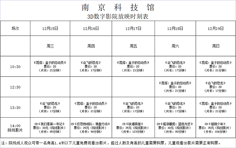 南京科技馆3D数字影院放映时刻表（12.15—12.19）