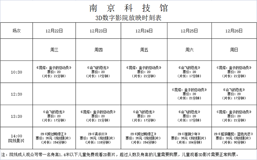 南京科技馆3D数字影院放映时刻表（12.22—12.26）